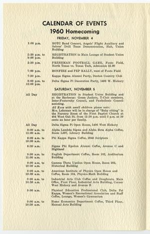 A white page with black text, titled Calendar of Events 1960 Homecoming. Under it is a schedule of events for two days.