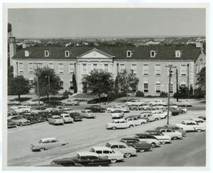 Primary view of object titled '[Library Building from the parking lot of the Administration Building]'.