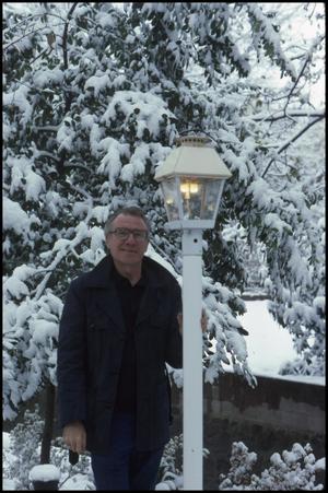 Primary view of object titled '[L. D. Sparkman standing in the snow, 1978]'.