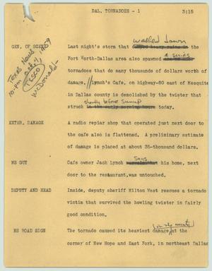 Primary view of object titled '[News Script: Dal. tornadoes]'.