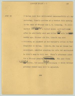 Primary view of object titled '[News Script: Lincoln guilty]'.