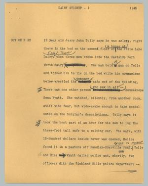 Primary view of object titled '[News Script: Dairy stickup]'.