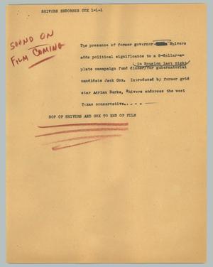 Primary view of object titled '[News Script: Shivers endorses Cox]'.