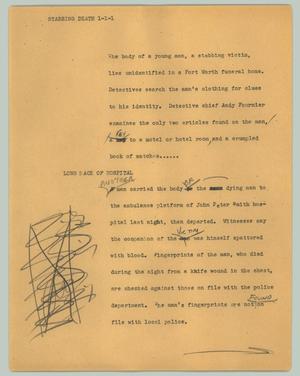 Primary view of object titled '[News Script: Stabbing death]'.