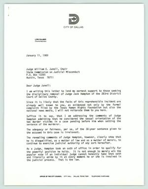 Primary view of object titled '[Letter: Dallas Councilwoman Lori Palmer to chair of State Commission on Judicial Misconduct]'.