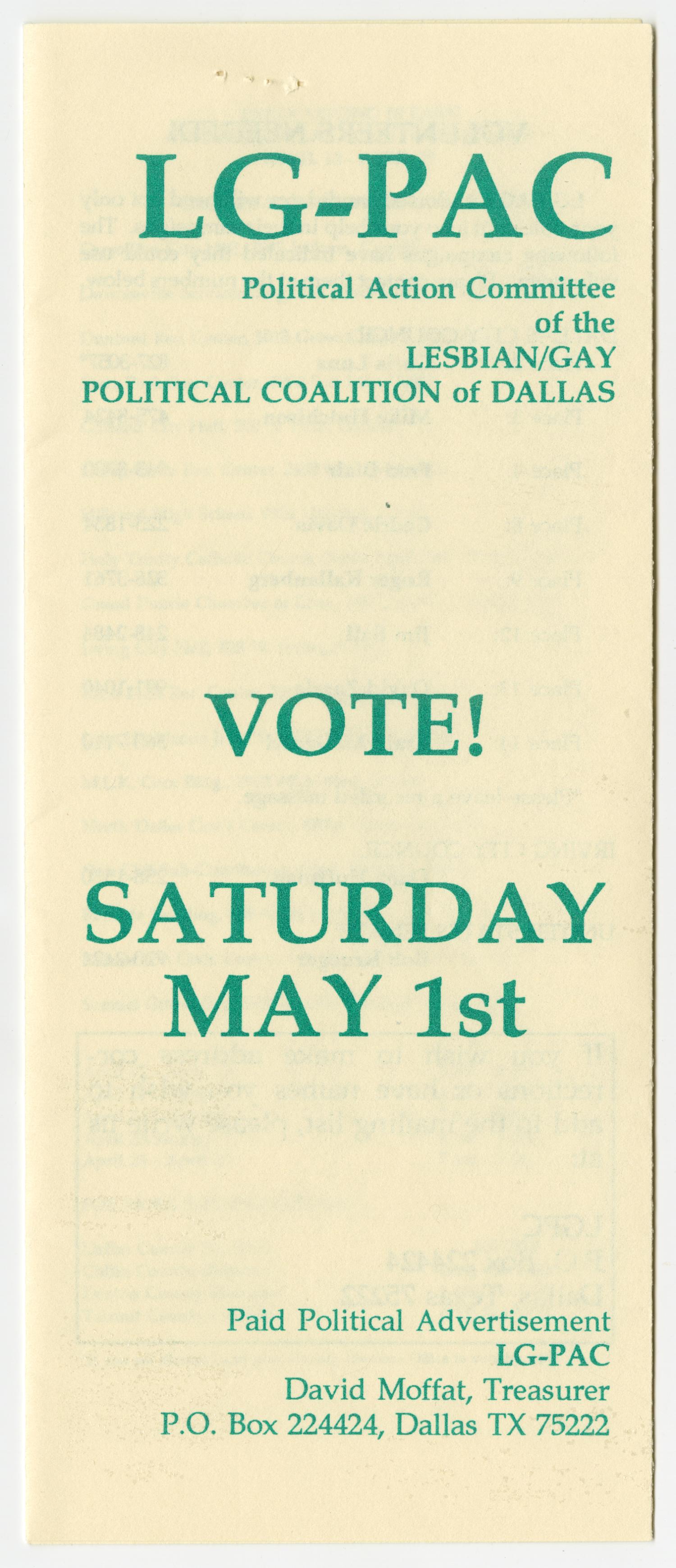 [Brochure: Vote Saturday May 1st - Lesbian/Gay Political Coalition of Dallas]
                                                
                                                    [Sequence #]: 1 of 5
                                                