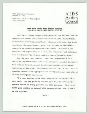 Primary view of object titled '[Press release: Jeff Levi joins AIDS Action Council as director of government affairs]'.