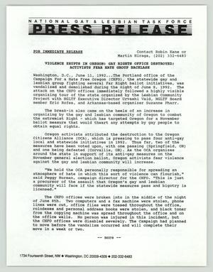 Primary view of object titled '[Press release: Violence erupts in Oregon]'.