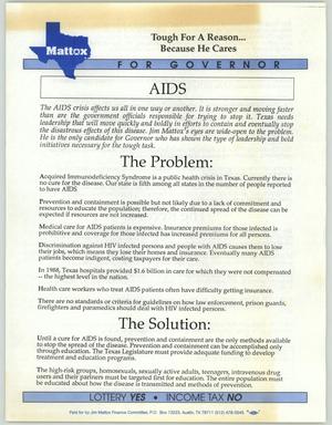 Primary view of object titled '[Jim Mattox gubernatorial campaign flyer on AIDS crisis]'.