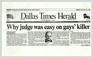 Primary view of object titled '[Newspaper clipping: Why judge was easy on gays' killers]'.
