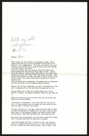 Primary view of object titled '[Typed notes from conversation with Howard Okon on councilwoman]'.