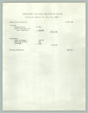 Primary view of object titled '[Financial report: July 1988 Lesbian/Gay Political Coalition]'.