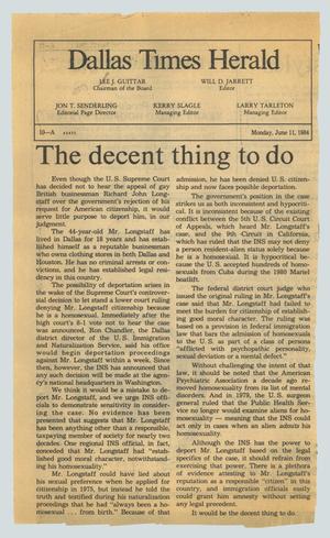 Primary view of object titled '[Newspaper clipping Dallas Times Herald: The decent thing to do]'.