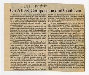Primary view of object titled '[Newspaper clippings: AIDS trials]'.