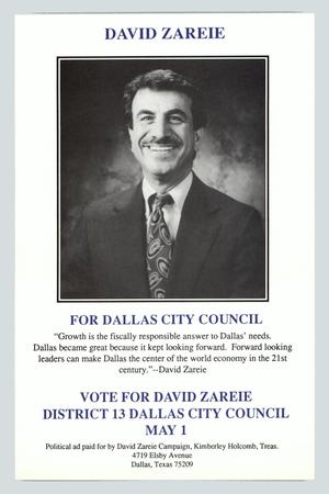 Primary view of object titled '[Poster: David Zareie for Dallas City Council]'.