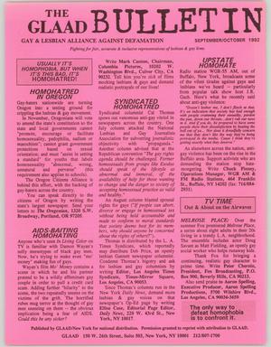 Primary view of object titled 'The GLAAD Bulletin, September/October 1992'.