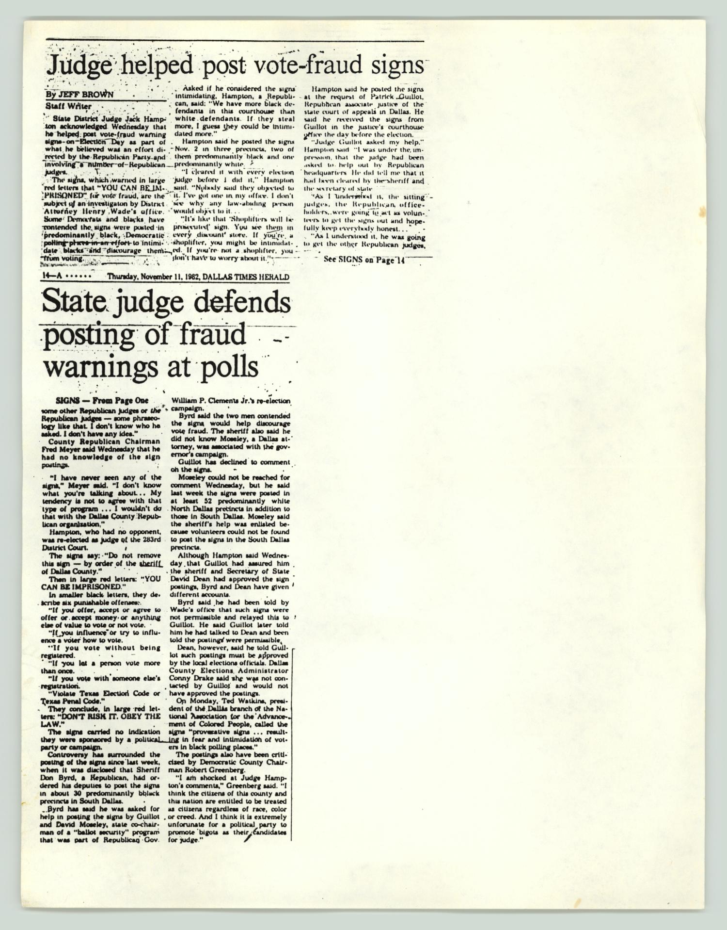 [Newspaper clipping: Judge helped post vote-fraud signs]
                                                
                                                    [Sequence #]: 1 of 2
                                                