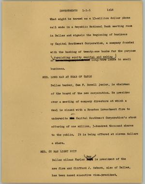 Primary view of object titled '[News Script: Investments]'.