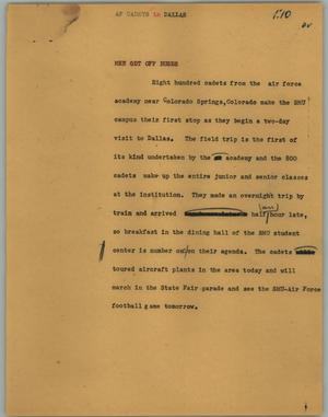 Primary view of object titled '[News Script: AF Cadets in Dallas]'.