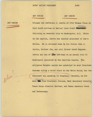 Primary view of object titled '[News Script: boy's nation president]'.