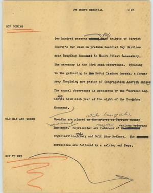 Primary view of object titled '[News Script: Ft Worth Memorial]'.