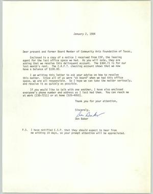 Primary view of [Letter from Don Baker to members of the Community Arts Foundation of Texas regarding past due rent]