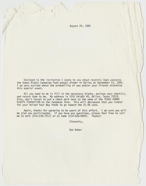 Primary view of object titled '[Letter from Don Banks concerning the Human Rights Campaign Fund annual dinner]'.