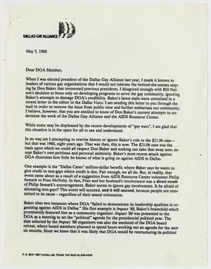 Primary view of object titled '[Letter from William Waybourn to Dallas Gay Alliance members concerning Don Baker's relationship with the organization]'.