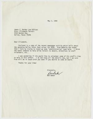 Primary view of object titled '[Letter to Elizabeth Terrell from Don Baker asking for volunteers for an AIDS fundraiser]'.