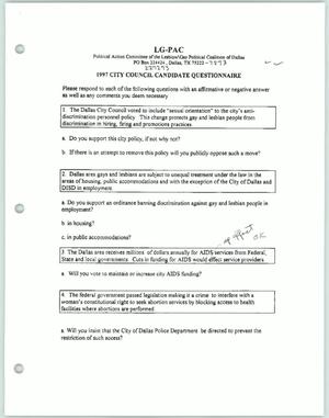 Primary view of object titled '[1997 City Council Candidate Questionnaire]'.