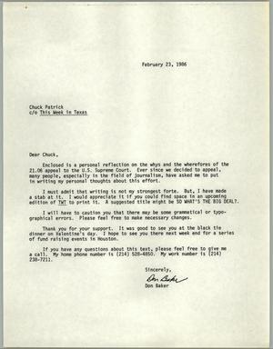 Primary view of object titled '[Letter from Don Baker to Chuck Patrick c/o This Week in Texas]'.