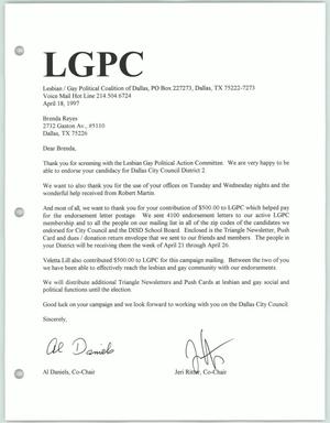 Primary view of object titled '[Letter of endorsement to Brenda Reyes from Al Daniels and Jeri Ritter of the Lesbian Gay Political Coalition]'.