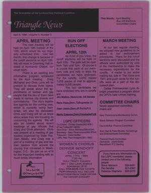 Primary view of object titled 'Triangle News, The Newsletter of the Lesbian / Gay Political Coalition, Vol. 2, No. 3, April 6, 1994'.