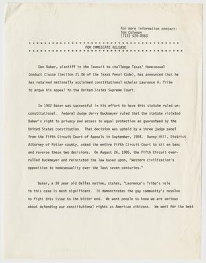 Primary view of object titled '[Press Release: Don Baker challenging Section 21.06 of Texas Penal Code]'.
