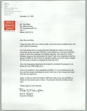 Primary view of [Letter from KERA producer Rick D. Thompson to Don Baker regarding fund raising]