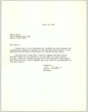 [Letter from Don Baker to Dennis Hatch informing him of ...