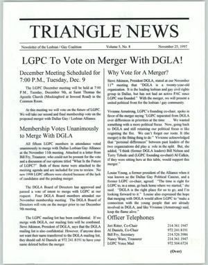 Primary view of object titled '[Newsletter: Triangle News: LGPC To Vote on Merger With DGLA!, November 25, 1997]'.