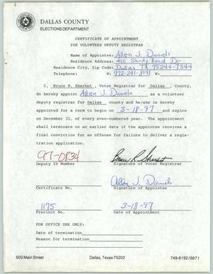 Primary view of object titled '[Certificate of appointment for volunteer deputy registrar for Al Daniels]'.