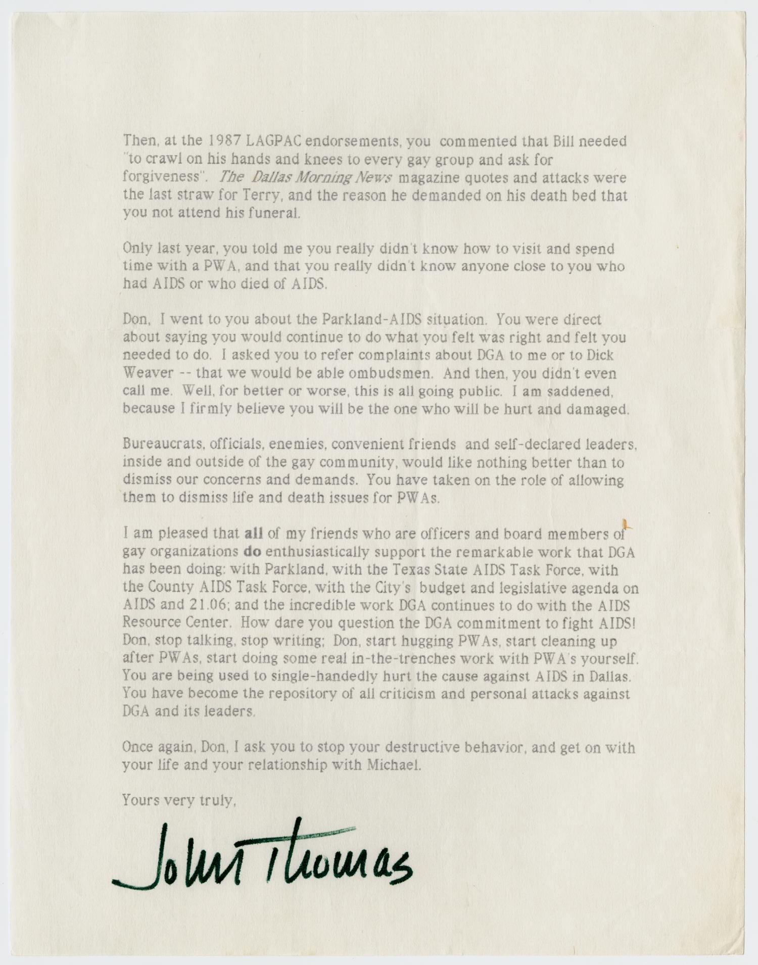 [Letter from John Thomas to Don Baker concerning infighting within the gay community in Dallas]
                                                
                                                    [Sequence #]: 3 of 4
                                                