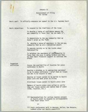 Primary view of object titled '[Announcement of filing for review for Texas Penal Code 21.06 case]'.