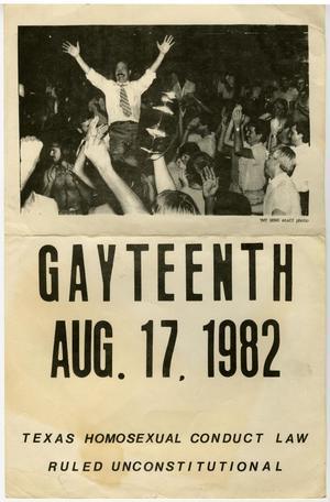 Primary view of object titled '[GayTeenth: Texas homosexual conduct law ruled unconstitutional]'.