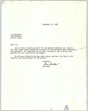 Primary view of object titled '[Letter from Don Baker to Liz Rodriguez]'.