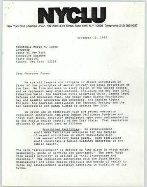 Primary view of object titled '[Letter from New York Civil Liberties Union to Honorable Mario M. Cuomo]'.