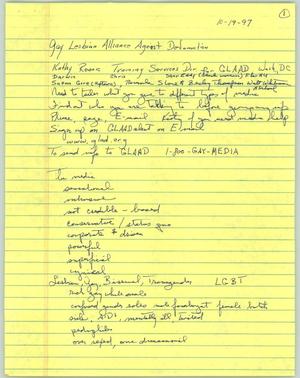 Primary view of object titled '[Notes: Gay and Lesbian Alliance Against Defamation meeting in 1997]'.