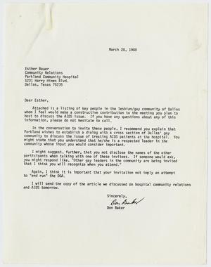 Primary view of object titled '[Letter to Esther Bauer from Don Baker concerning a future meeting on the AIDS epidemic in Dallas]'.