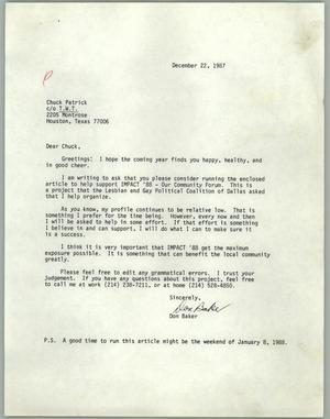Primary view of object titled '[Letter from Don Baker to Chuck Patrick asking for consideration to run an article in the TWT]'.