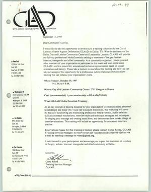 Primary view of object titled '[Letter from Cathy Renna to Community Activists, September 11, 1997]'.