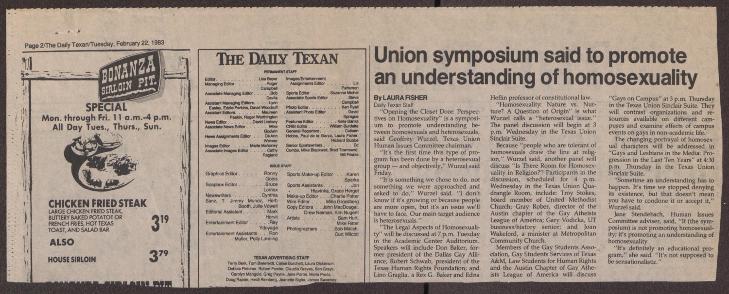 [Clipping from The Daily Texan: Union symposium said to promote an understanding of homosexuality]
                                                
                                                    [Sequence #]: 2 of 2
                                                