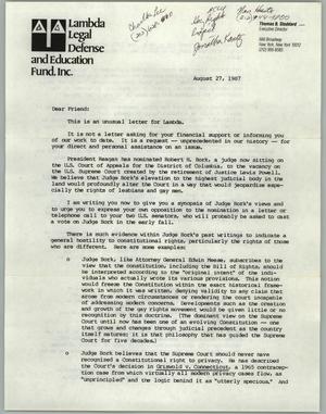 Primary view of object titled '[Letter from Lambda Legal Defense and Education Fund to members concerning the nomination of a Supreme Court Judge]'.