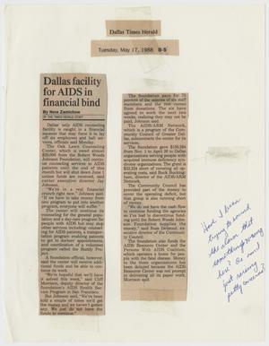 Primary view of object titled '[Clipping from Dallas Times Herald: Dallas facility for AIDS in financial bind]'.